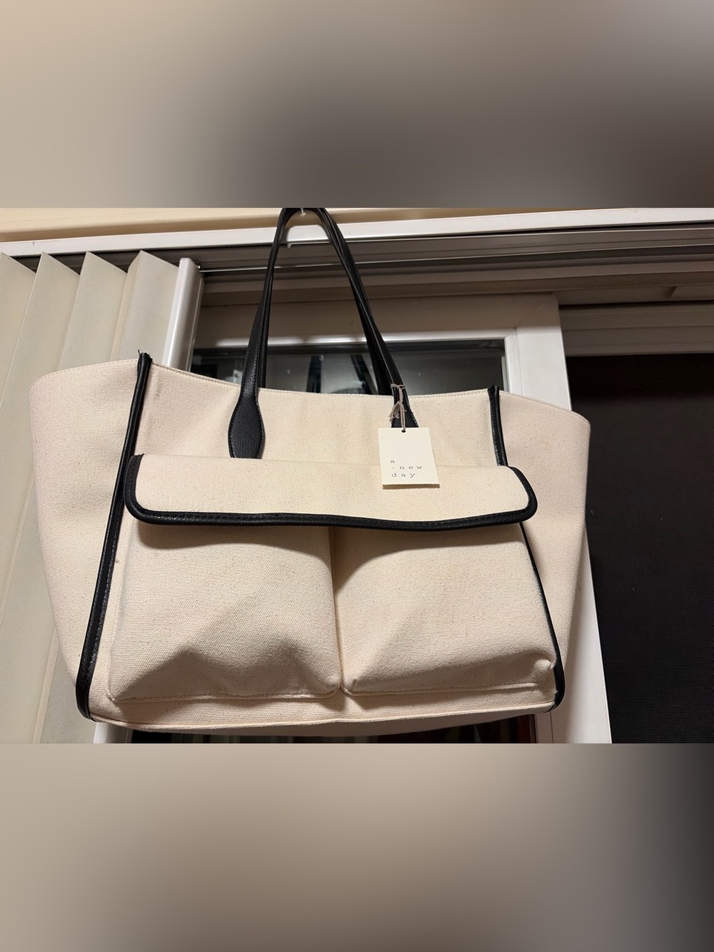 a new day Cream Canvas Tote with Black Trim